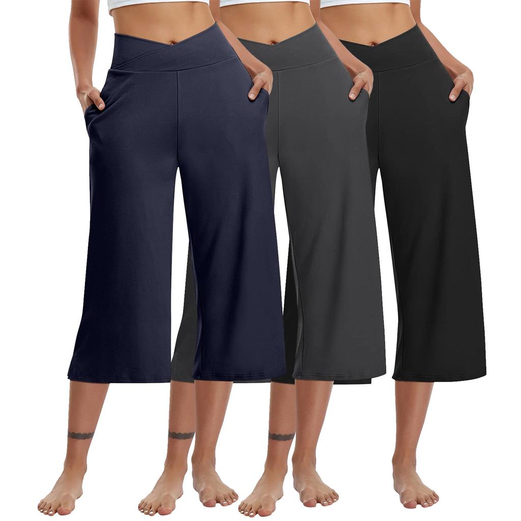 3 Pack Women Elastic High Waist 3/4 Pant Casual Active  Fit Wide Capris Leg Pants Trousers With Pockets