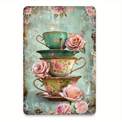 Charmant Art Mural en Fer Figurant une Tasse à Thé Rose Vintage - Parfait pour les Cafés, les Salles à Manger ou les Espaces Thé de Jardin, Décor Durable 20,32x30,48 cm