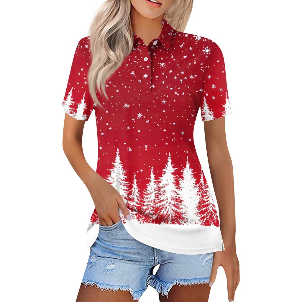 Women's Fashion Casual Lapel Short Sleeve Christmas Print Shirt Women's Button Up Tops
