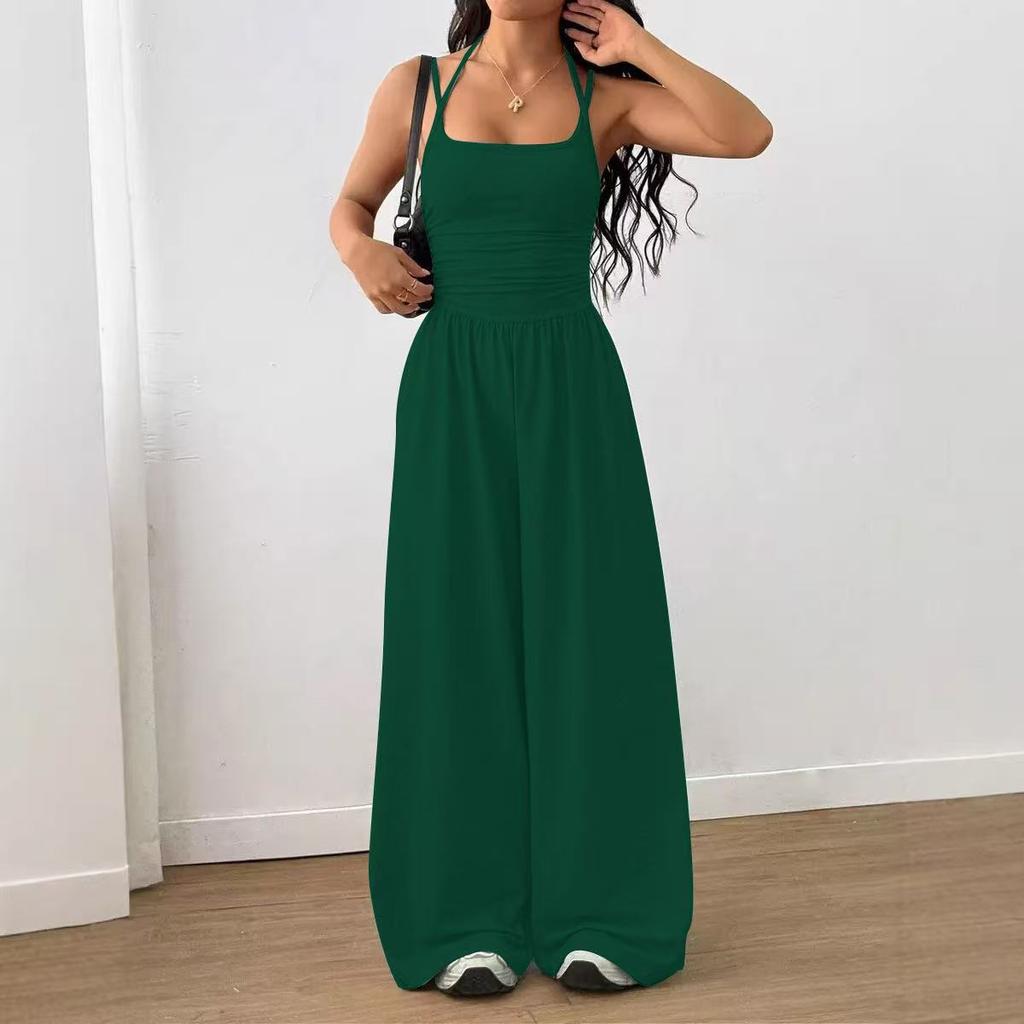 Women's Crisscross Spaghetti Strap Square Neck Ruched High Waist Wide Leg Long Jumpsuit Casual Summer Romper