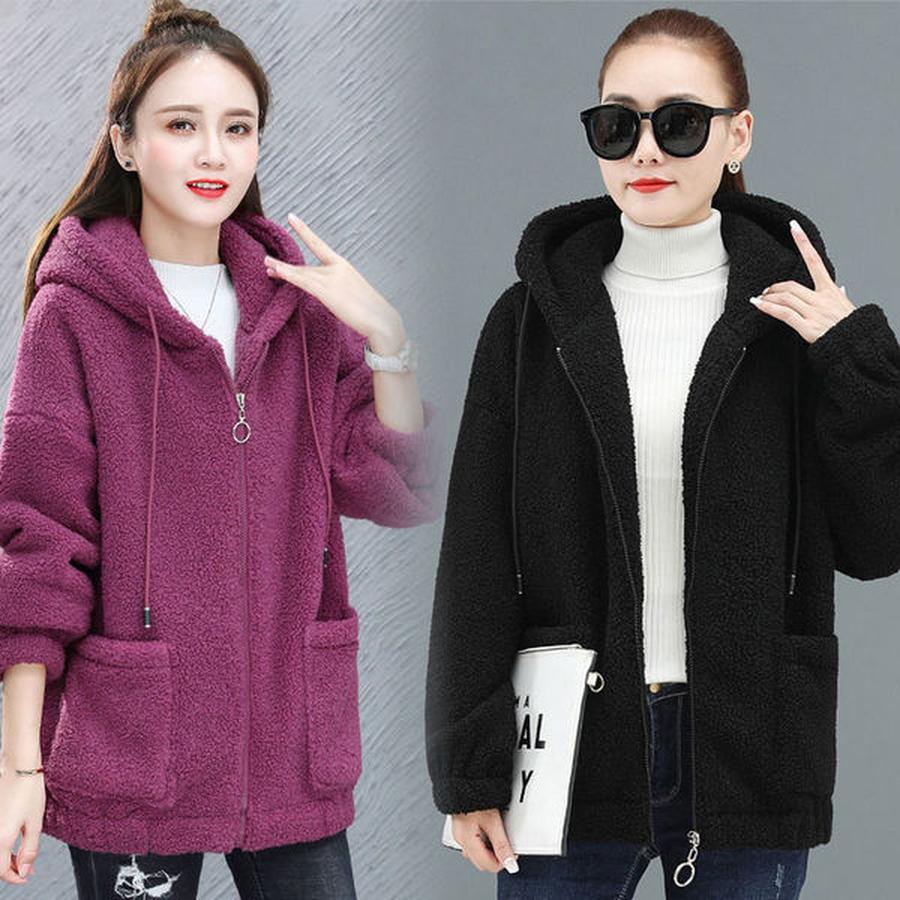 Solid Color Lamb Wool Fleece Hoodie Women's Thick Winter Loose Korean Style Teddy Fleece Zip-Up Casual Coat