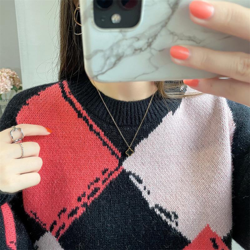Pull Vintage surdimensionné à col rond Argyle pour femme, pull ample à manches longues, mode coréenne, automne