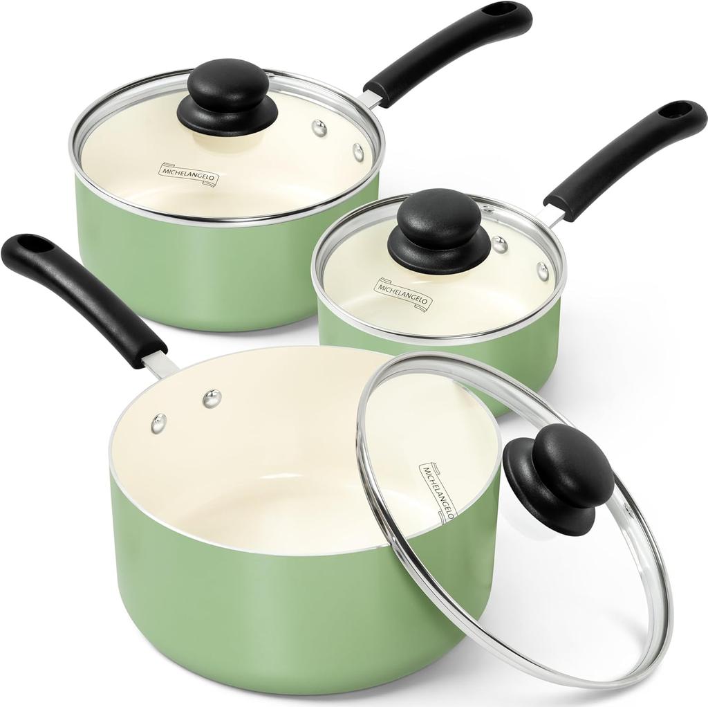 MICHELANGELO Nonstick Sauce Pan Set with Lid 1QT 2QT 3QT Ceramic Copper Saucepan Dishwasher Safe Cookware