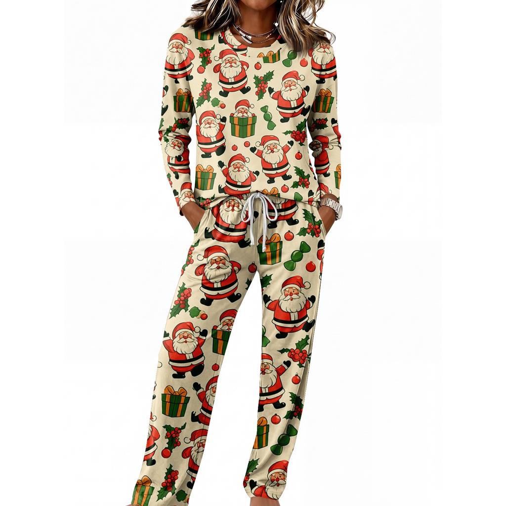 Round Neck Long Sleeve Wide Leg Pants Set, Casual Home Pajama Sleepwear