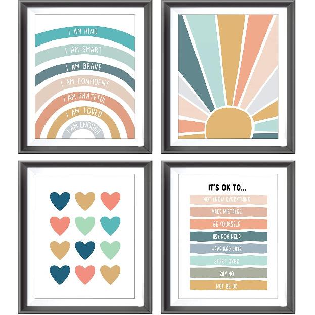 I Am Kind Smart Brave Positive Affirmations Mental Health Poster Prints for Teens Room Playroom Nursery Classroom Decor,Boho Rainbow Sunshine 8Wx10L