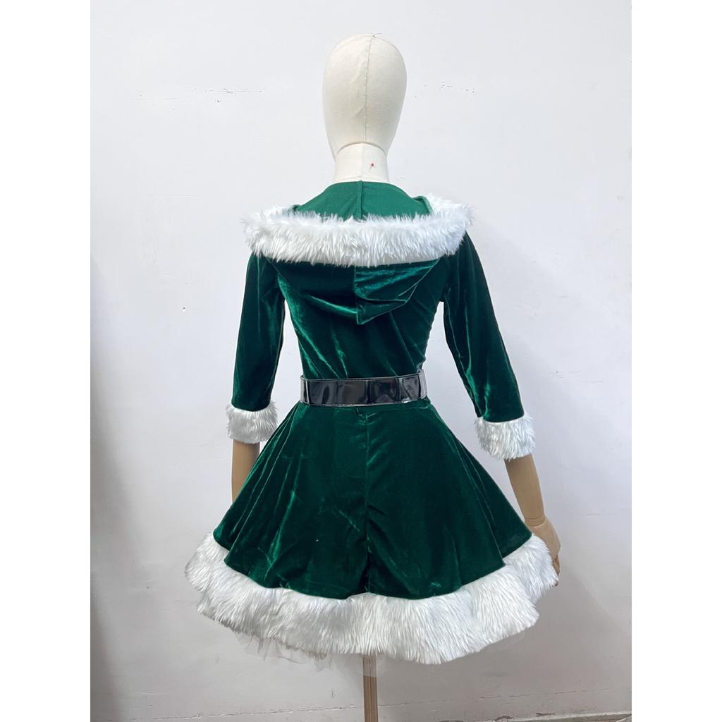 Χριστουγεννιάτικο Σετ Καρναβαλικής Στολής Άγιου Βασίλη Γυναικείο, Με Κουκούλα και Λαιμόκοψη V (Κόκκινο/Πράσινο), Σέξι Πικάντικο Κορίτσι Εορταστικό Φόρεμα με Ζώνη