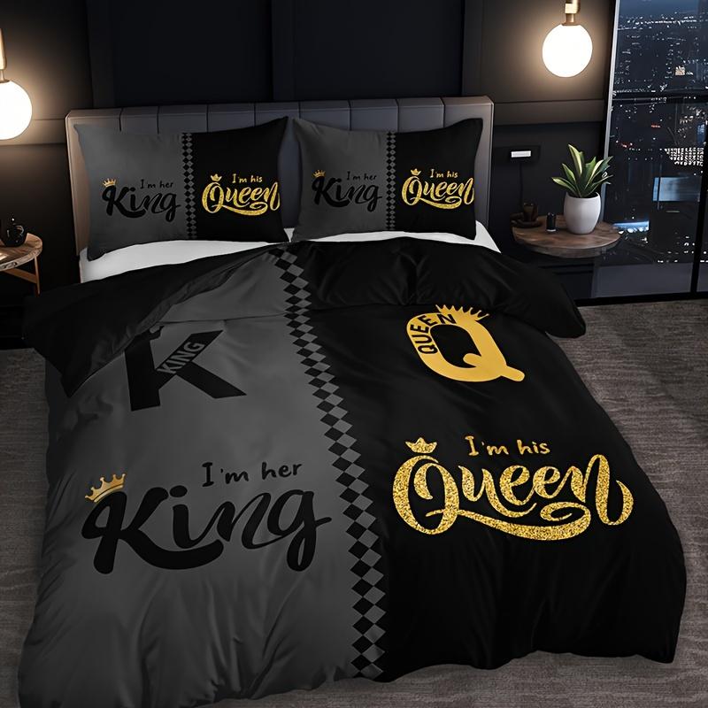Black & Grey Crown Lettering Duvet Cover Set High Definition Printing For Home & Dorm Decor, Comforter Not Included