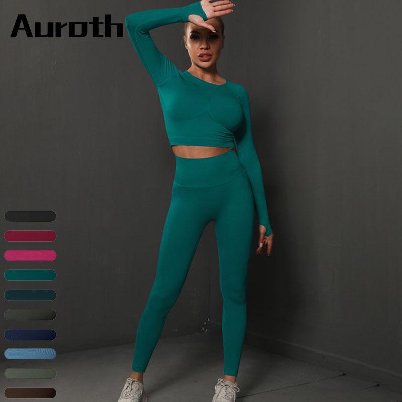 Auroth Sports Suits Women Yoga Set Fitness Seamless Long Sleeve High Waist Leggings Sportswear