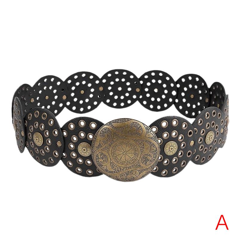 

Широкий пояс Boho Disc для женщин, винтажный, из искусственной кожи, полые, в стиле вестерн, ковбойские ремни с металлической пряжкой, увеличенный круглый пояс as the picture