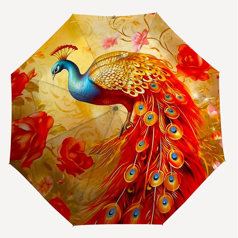 1PC Peacock Flowers Automatic Open/Close Umbrella with Windproof, 8-Rib Sturdy Canopy, Durable Ribs, Fashionable Design, 1304A