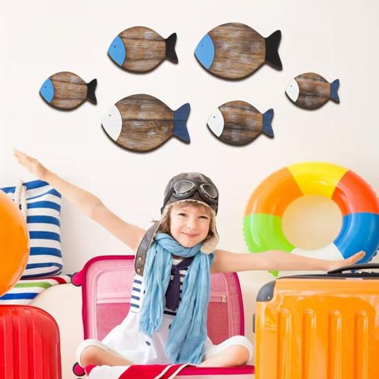 6 Pcs Wooden Fish Wall Decor Nautical Coastal Wood Wall Art Rustic Beach Ocean Fish Lake House Hanging Ornament for Bathroom Bedroom