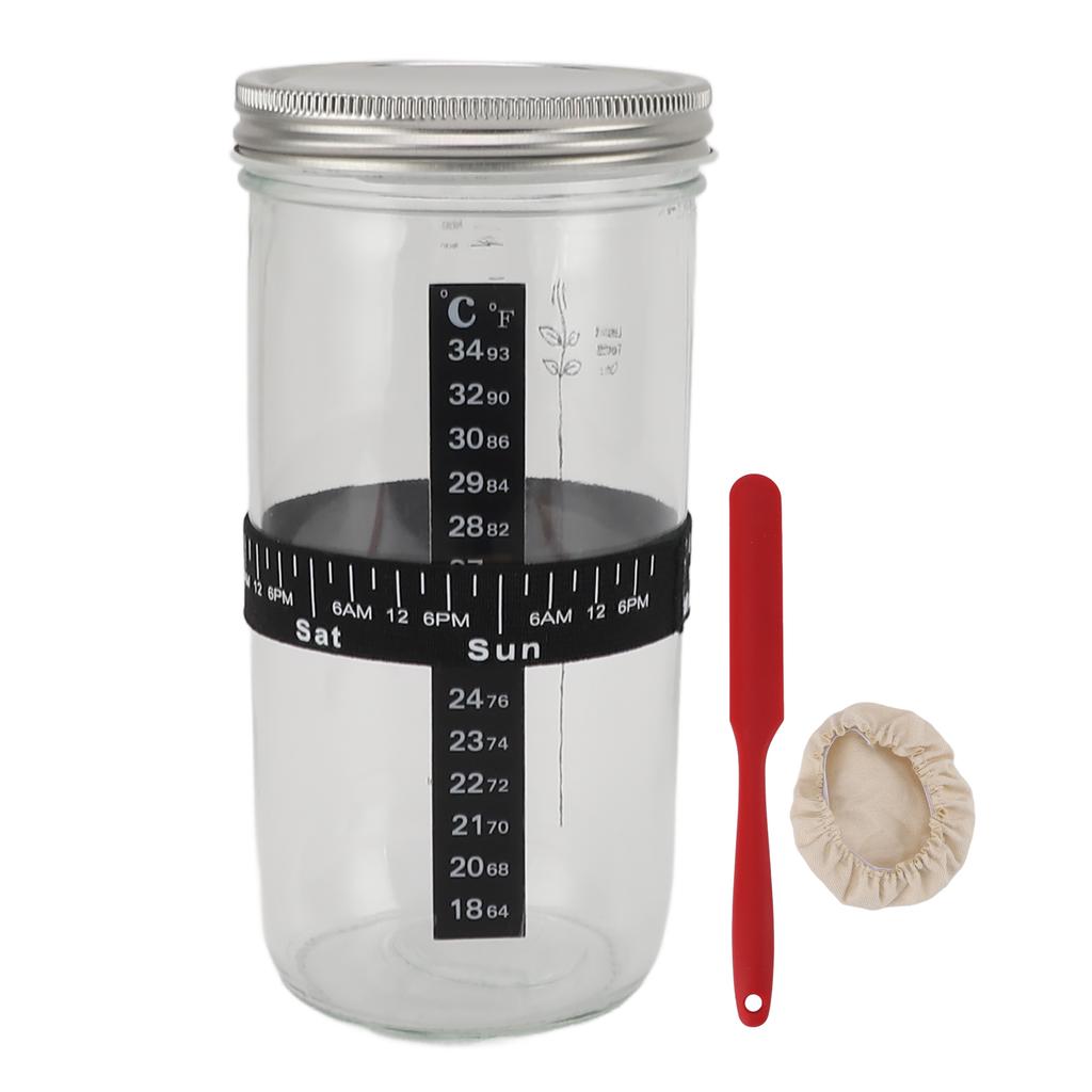 Sourdough Bread Starter Kit 34oz Glass Jar with Lid Date Feeding Mark Band Thermometer Band Silicone Scraper Bread