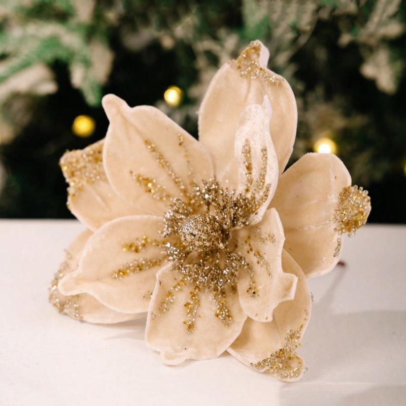 1PC Christmas Home Hotel Holiday Wedding Decoration Supplies Flocked Single Artificial Flowers Gold Powder Christmas Flowers