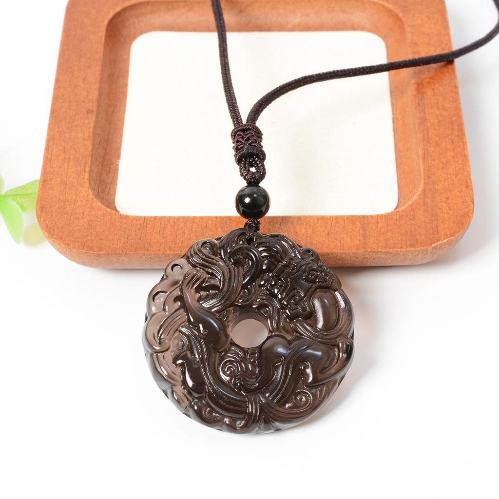 Unisex Obsidian Pixiu Grass Dragon Pendant - Crystal Ice Gold Black Peace Buckle