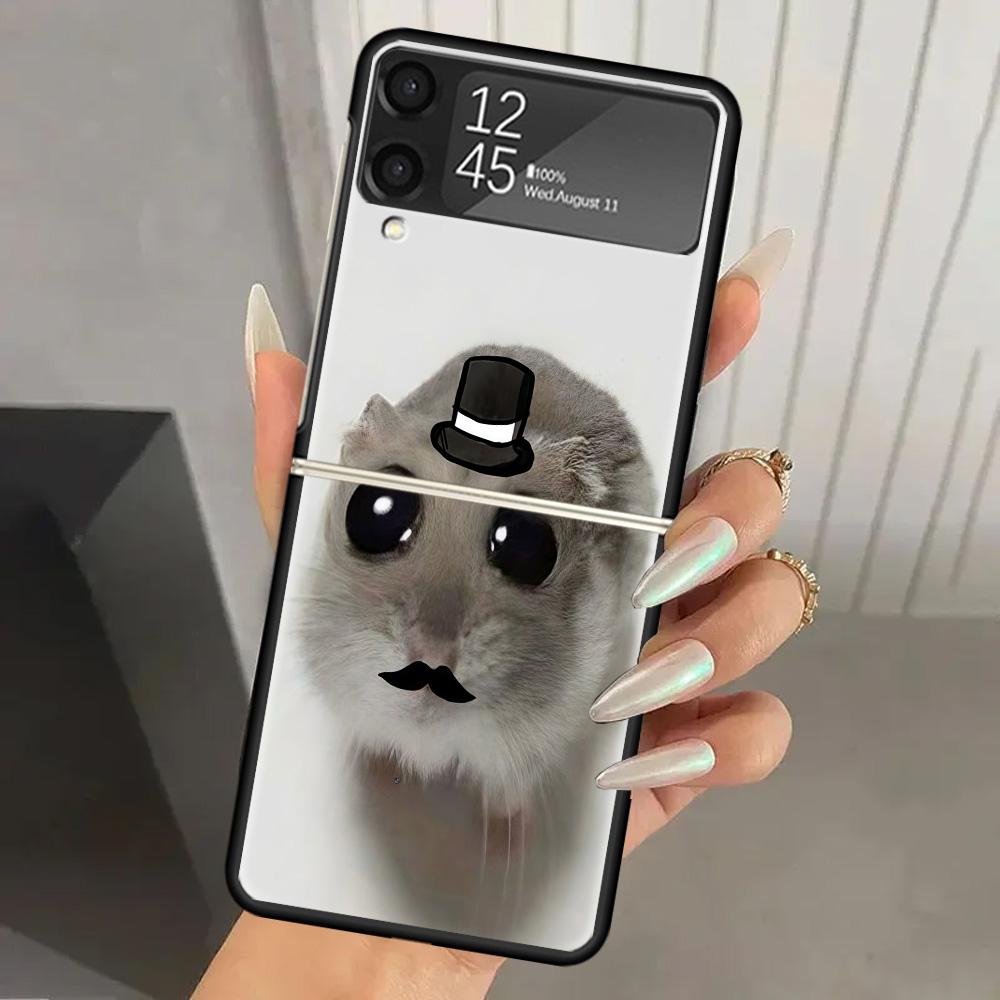 Funny Sad Hamster Meme Hard PC Phone Case For Samsung Galaxy Z Flip 7 6 5 4 3 Black ZFlip7 ZFlip6 Flip5 Flip4 Flip3 5G Print Cov