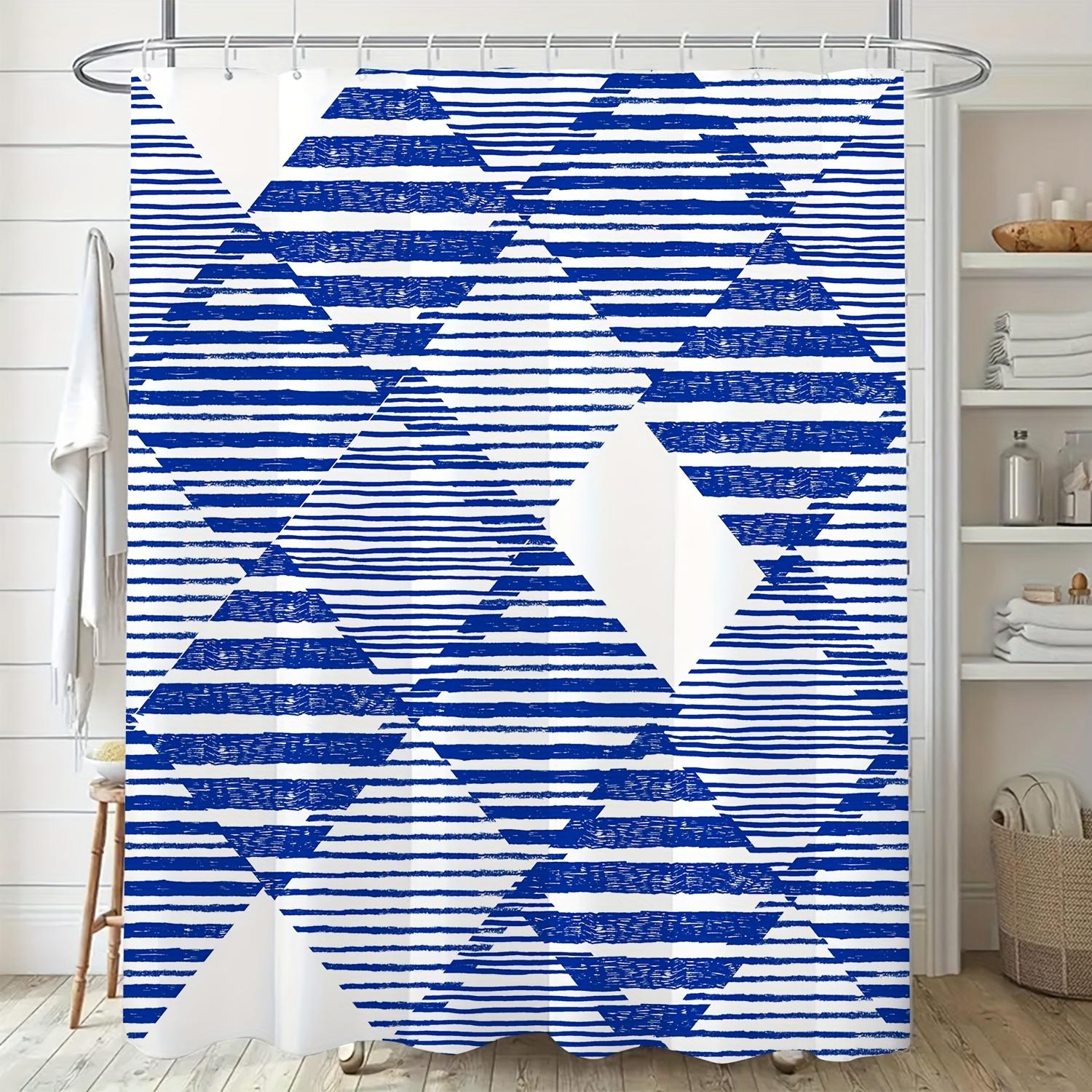 

Modern Nordic Geometric Stripe Shower Curtain - Blue & White, Polyester Fabric, Includes Hooks, All-Season Bath Decor W60H190(CM)-1 Pcs