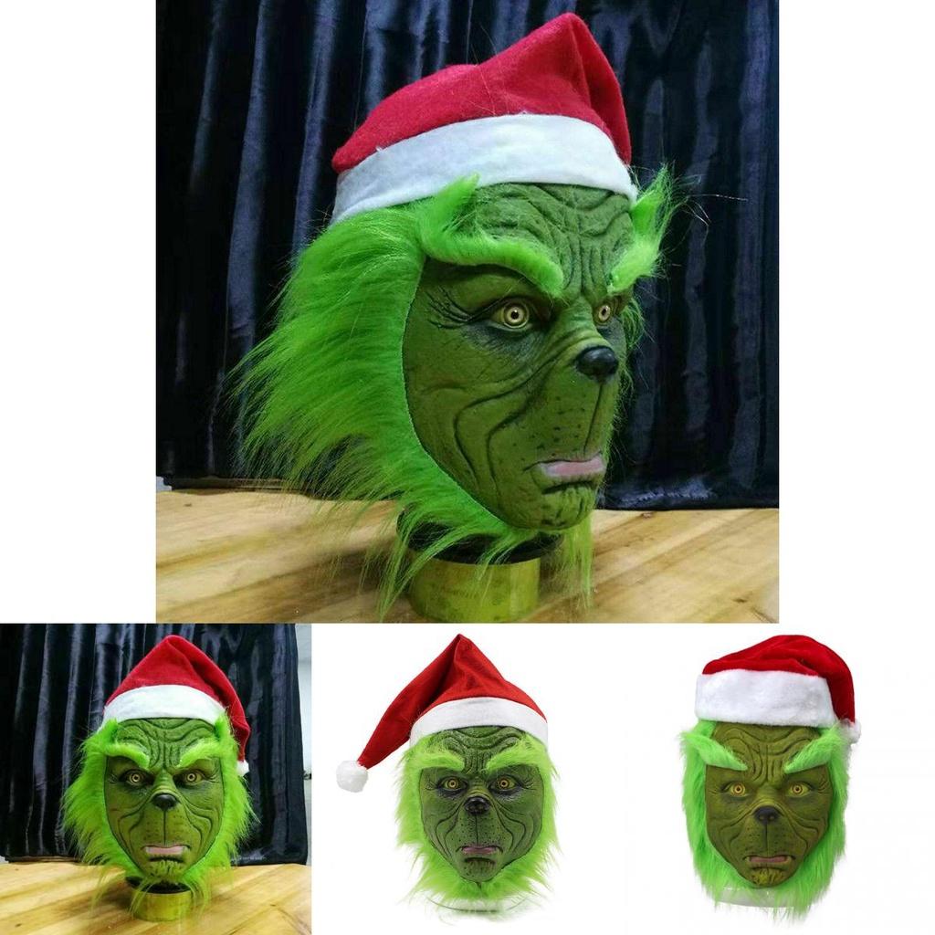 Zlobivý zelený příšera Grinchova maska s vánoční čepicí pro dospělé pro zábavu při cosplayi