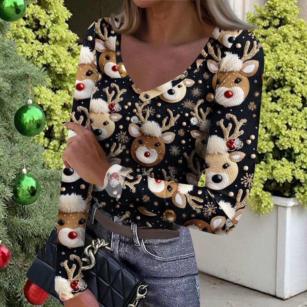 Women's Winter Slim-Fit Base Layer T-Shirt Fashionable Christmas Print V-Neck Pullover Long-Sleeved Top