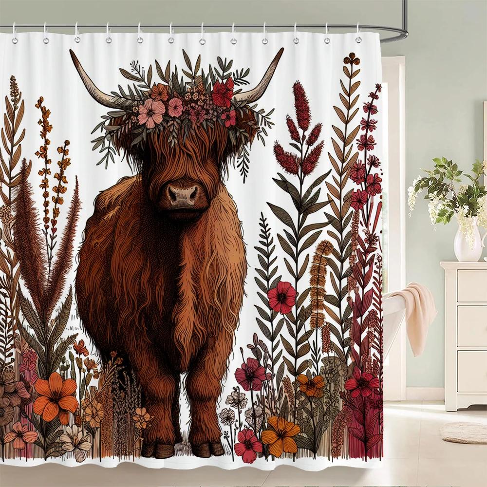 Watercolor Plants And Highland Cow Animal Shower Curtain Print Polyester Waterproof Bathroom Curtains With Hook Decorate Curtain