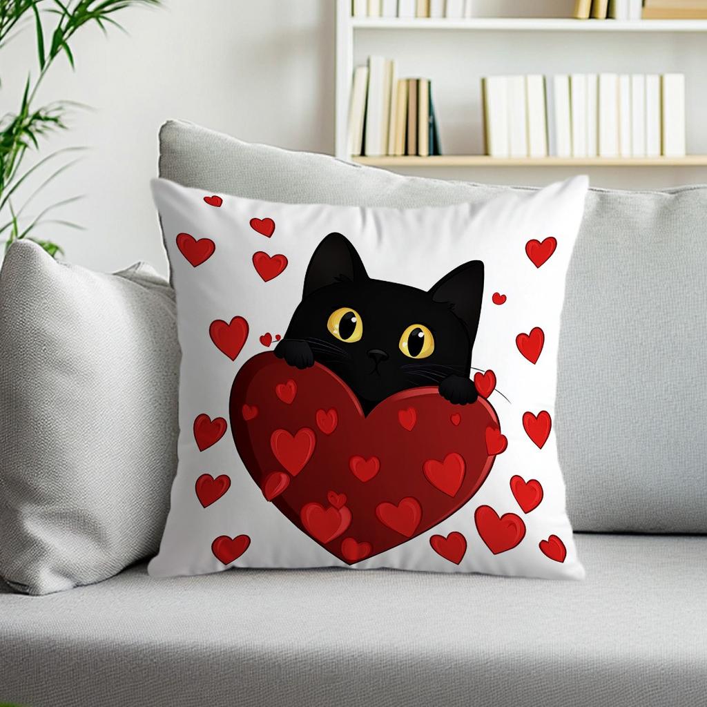 1Pc Valentine's Day black cat pillow cover, single-sided printed pillow sofa cover