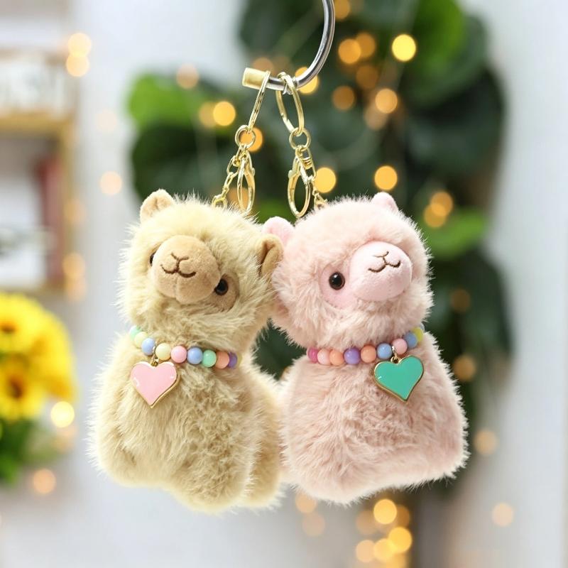 Fluffy Plush Alpaca Keychain with Vibrant Colorful Bells Cute Charm for Backpack Car Key Pendant