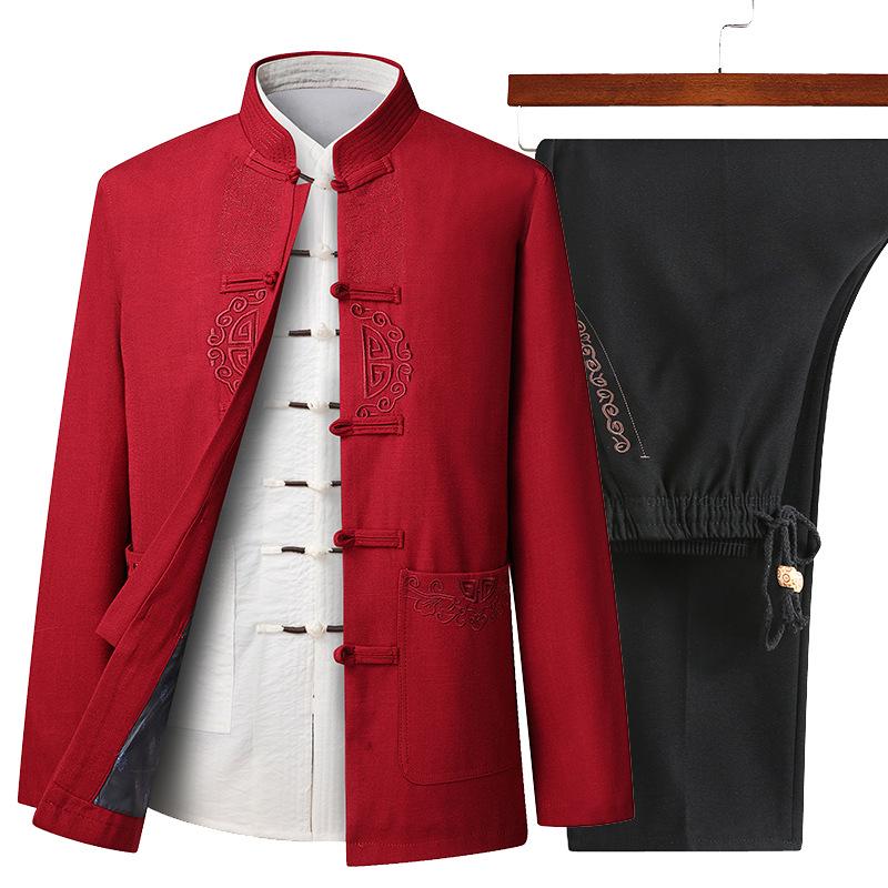 Men's Long-Sleeve Tang Suit Hanfu Set - Chinese Style Father's Birthday Outfit
