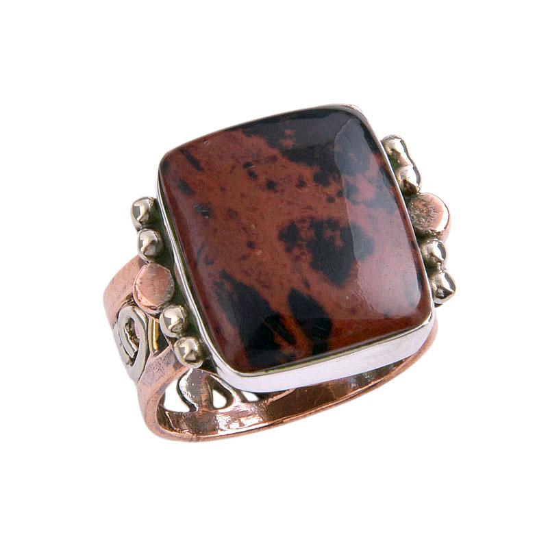 Natural Mahogany Red Obsidian Gemstone 925 Solid Silver Two Tone Ring S.6.5 q6C49