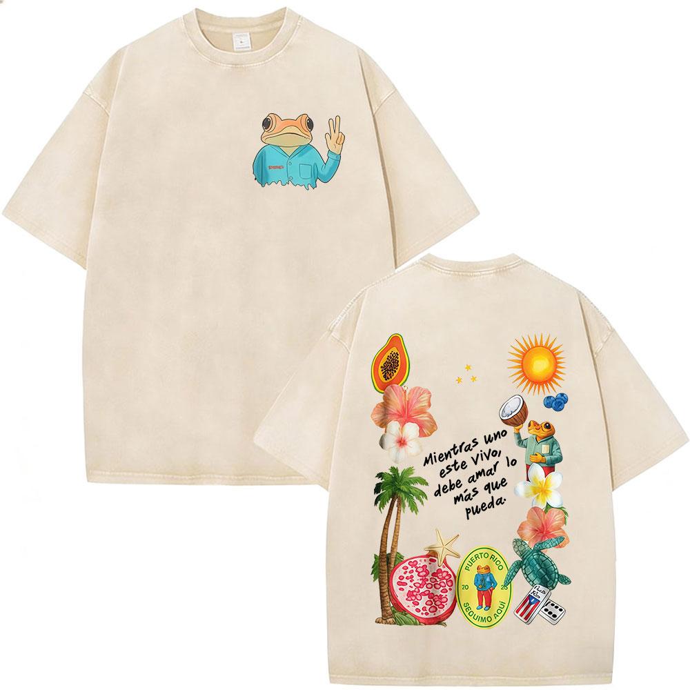 Washed Vintage Rapper Bad Bunny Tshirt Debi Tirar Mas Fotos DTMF World Tour T Shirts Men Women Fashion Hip Hop ONeck Tshirts