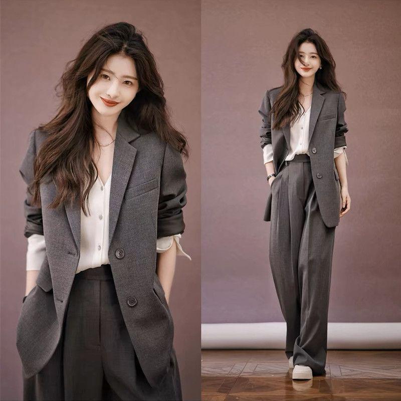 

Женский серый велюровый костюмный набор: 2024 Корейский стиль, Повседневный профессиональный с брюками широкого кроя на осень/зиму XL (131-145 cm)