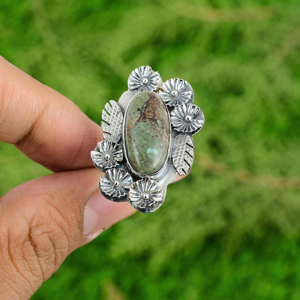 Natural Tibetan Turquoise Stackable Flower Blue Adjustable Ring 925 Silver