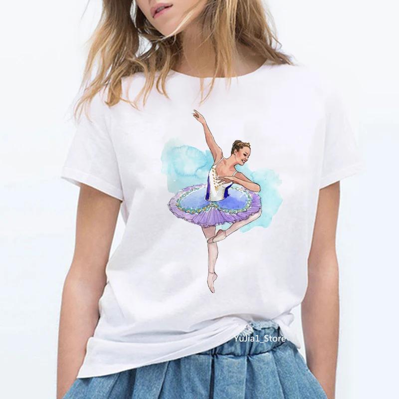 Summer 2024 Watercolor Ballet Dancer Printed Girl Black T Shirt Kawaii Gymnastics Dance Lover Gift Tee Shirt Femme Custom Tshirt