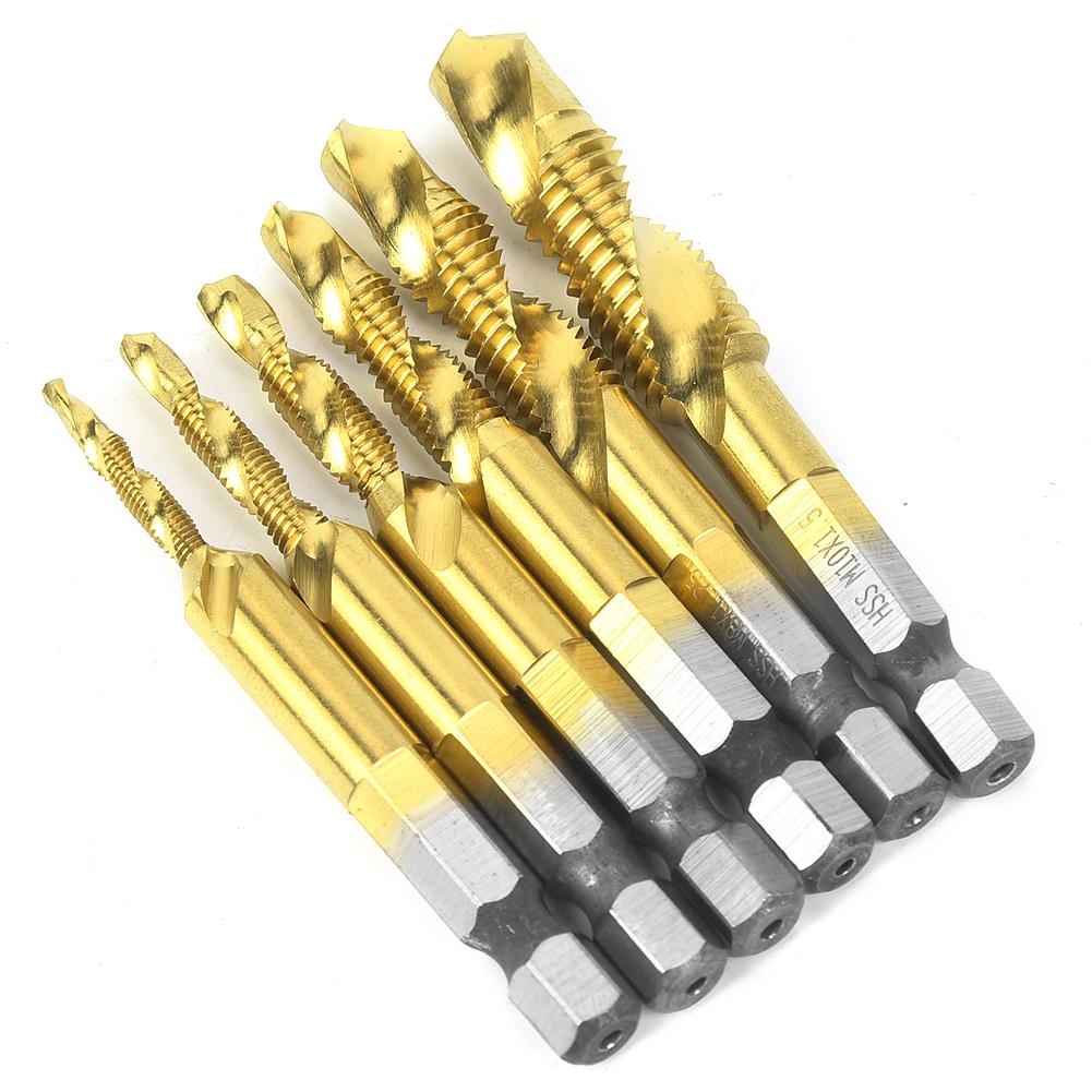 6PCS High Speed Steel 6.35mm Hex Shank Tap Drill Bit Compound Tap M3CelsiusM4CelsiusM5CelsiusM6CelsiusM8CelsiusM10 (Type A)