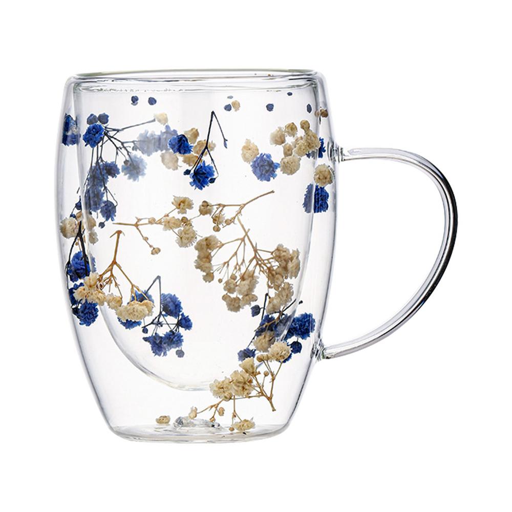Kreativer doppelwandiger Glasbecher, Kaffeebecher mit echtem getrockneten Blumenfüller, Becher aus Borosilikatglas mit Henkel, handgefertigte Deko-Geschenke