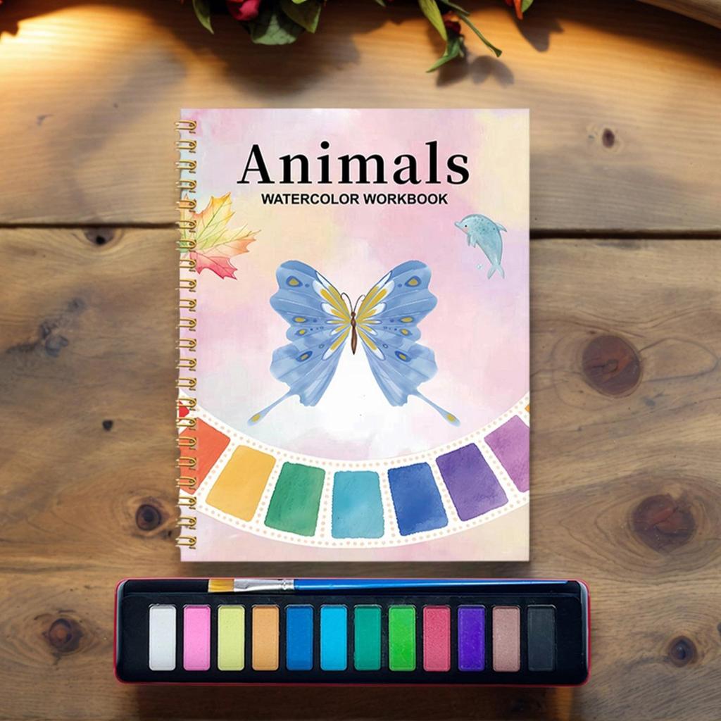 Watercolor Workbook Beginner-Friendly with 12-Color Paints & Brush Adults Water Color Painting Book for Art Exercises Journaling