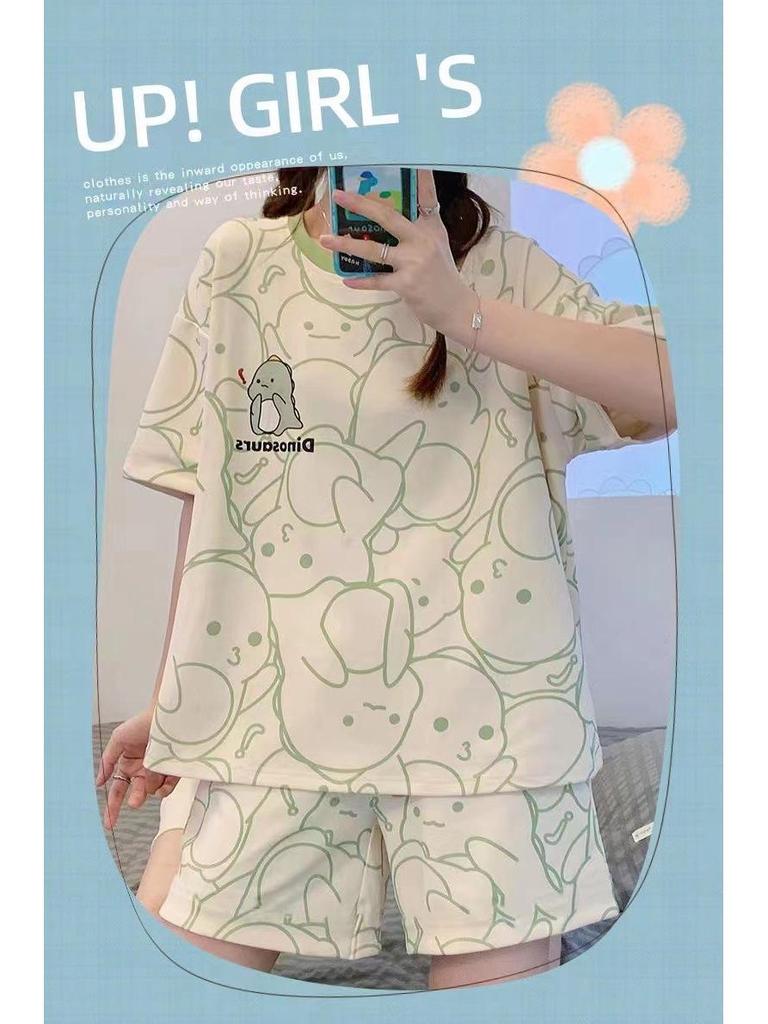 Damen 2024 Sommer Pyjama Set: Kurzärmeliges Oberteil mit Rundhalsausschnitt und lockerer Passform und Shorts