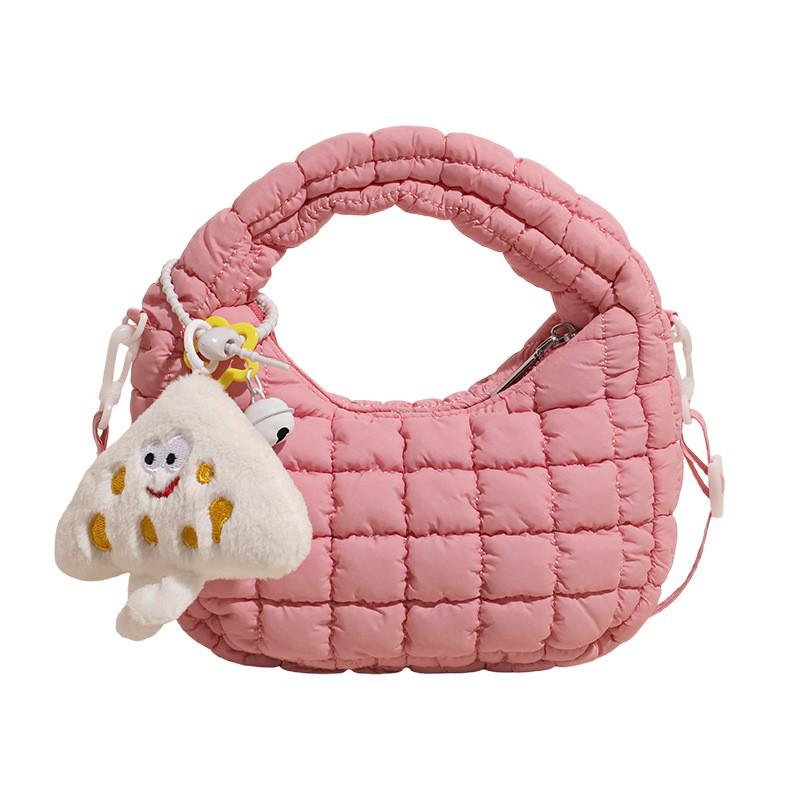 Modna marszczona torebka chmurka dla dzieci – Pikowana torebka crossbody na zamek z haftem