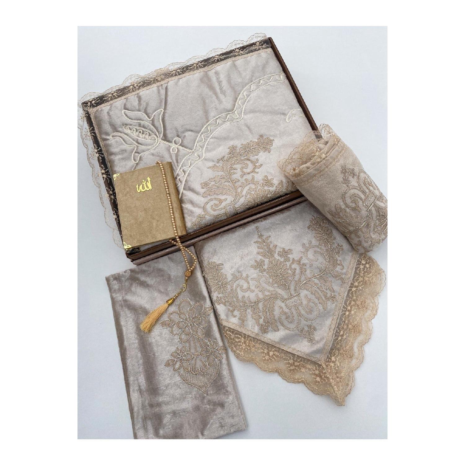 

6 Piece Prayer Rug Set, Dowry Bundle Boxed, Velvet Laced Bride And Groom Set 70 x 120 сірий колір