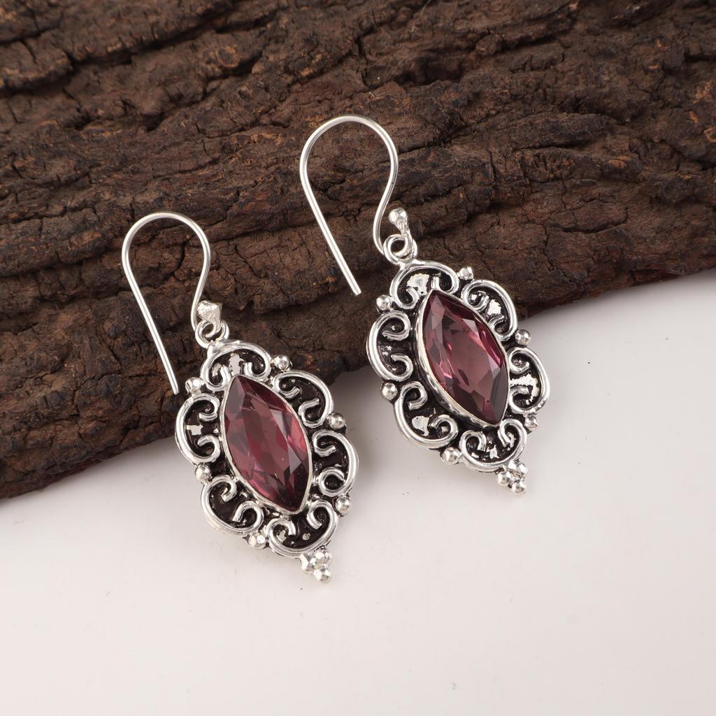 Rhodolite Gemstone Handmade 925 Sterling Silver Statement Earrings 1.9" Mother’s Day Gift AEE-3-13