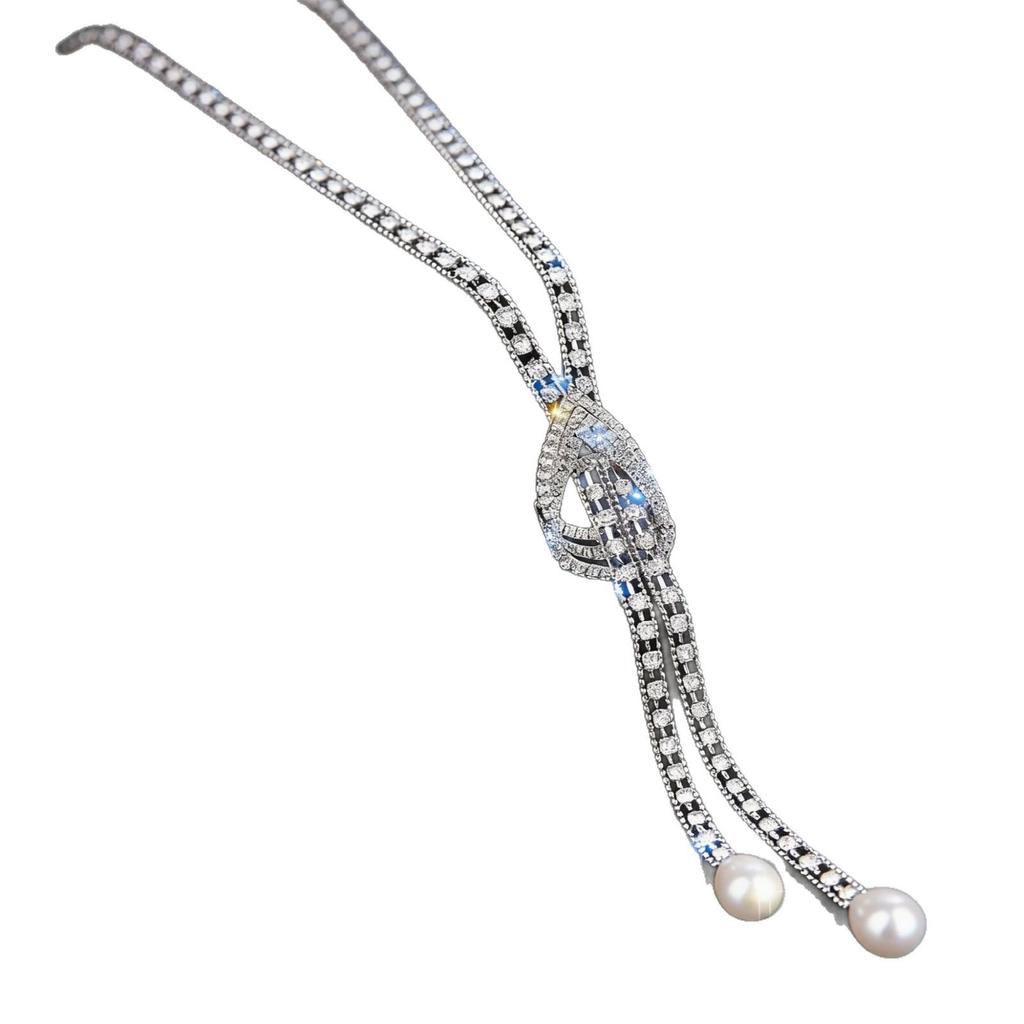 Korean Style Claw Chain Water Drop Crystal Long Sweater Necklace with Pearls