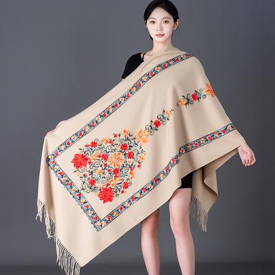 Autumn Winter Nepal Floral Embroidery Scarf Women'S Ethnic Style Fringed Large Wrap Outerwear Fashionable Commute Cotton Blend