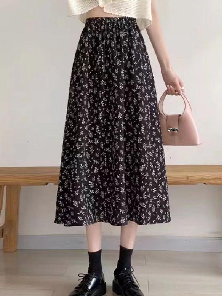 Elegant Black Floral A-Line Midi Skirt: High-Waisted, Slimming, Retro Design for Women - Perfect for Spring/Autumn