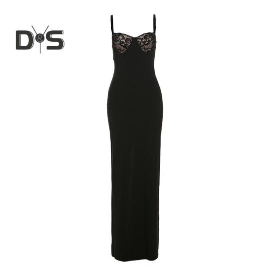 Women's Cami Lace Bodycon Maxi Dress Spaghetti Strap Sleeveless Split Long Dress Sexy Low Cut Evening Dress for Cocktail Party Nightclubs