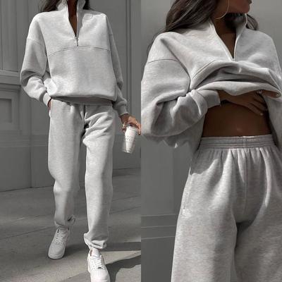 Women Solid Loose Casual Tracksuit Two Piece Sets Autumn Winter Stand Collar Zipper Full Sleeve Hoodie Straight Long Pants Suits