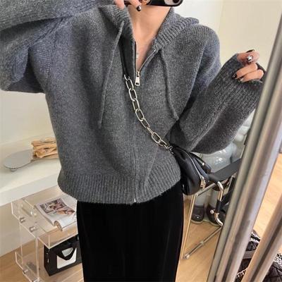 KANING Korean Zip-Up Hooded Knit Cardigan for Women - Autumn Loose Fit Casual Short Sweater Coat