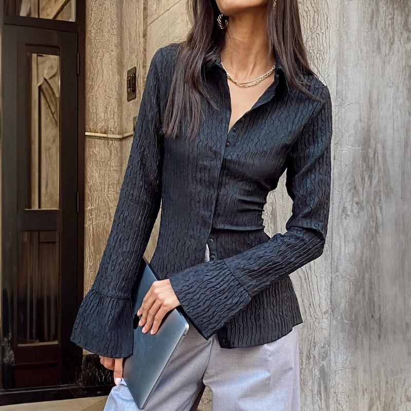 Women's Black Textured Long-Sleeve Shirt Flared Cuff Slim Fit Office Casual Blouse