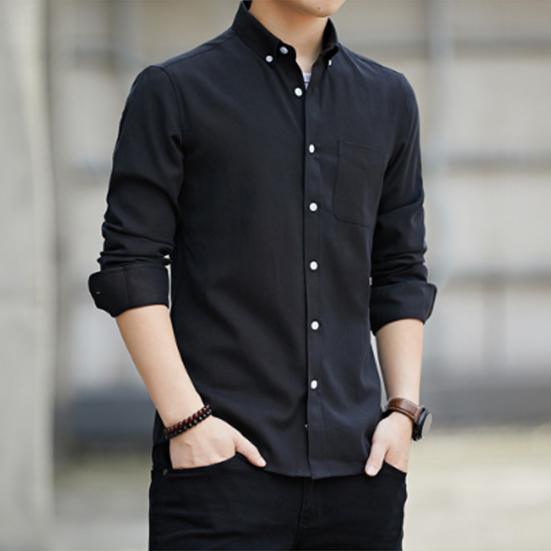 Camisa masculina de manga comprida, cor sólida, botão, cardigan, lapela, casual, camisa de primavera para trabalho