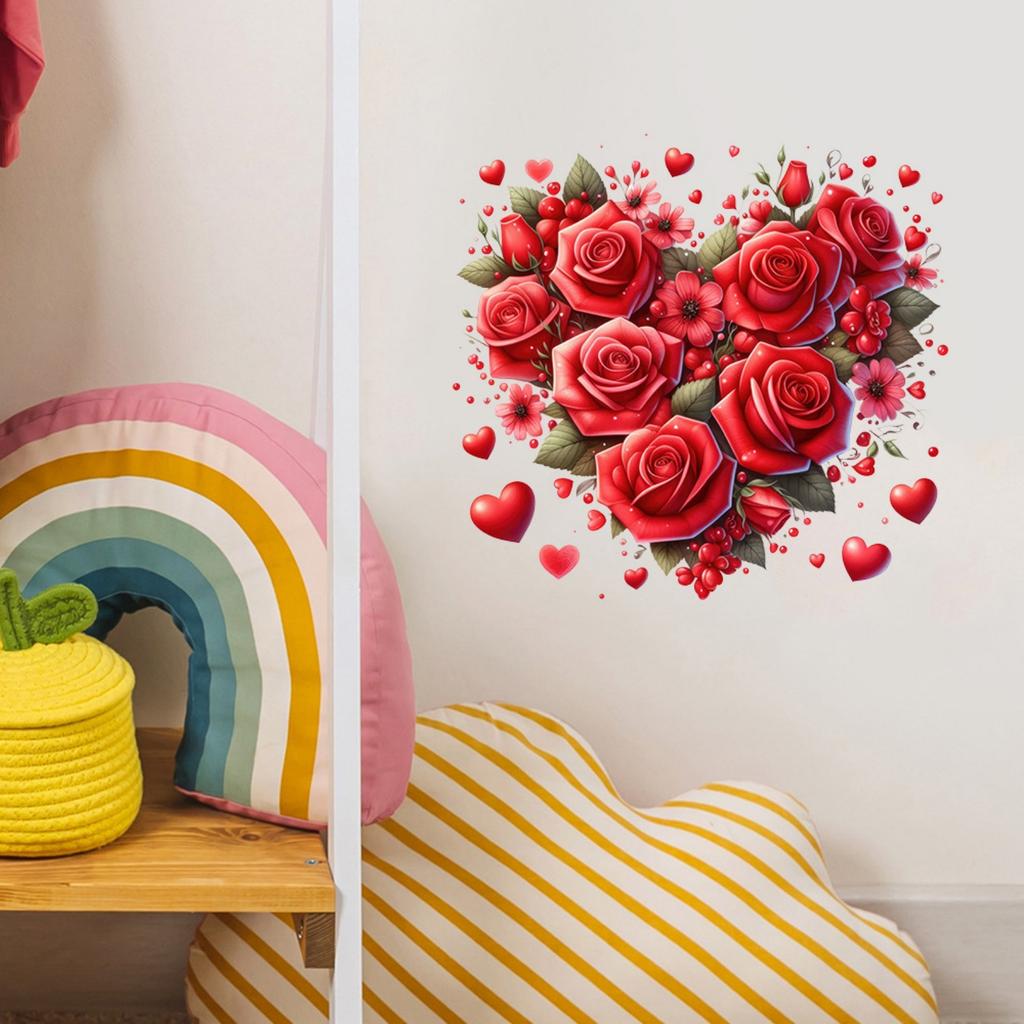 Valentine's Day Heart-shaped Rose Wall Stickers, Holiday Decorative Stickers, Removable Self-adhesive PVC.