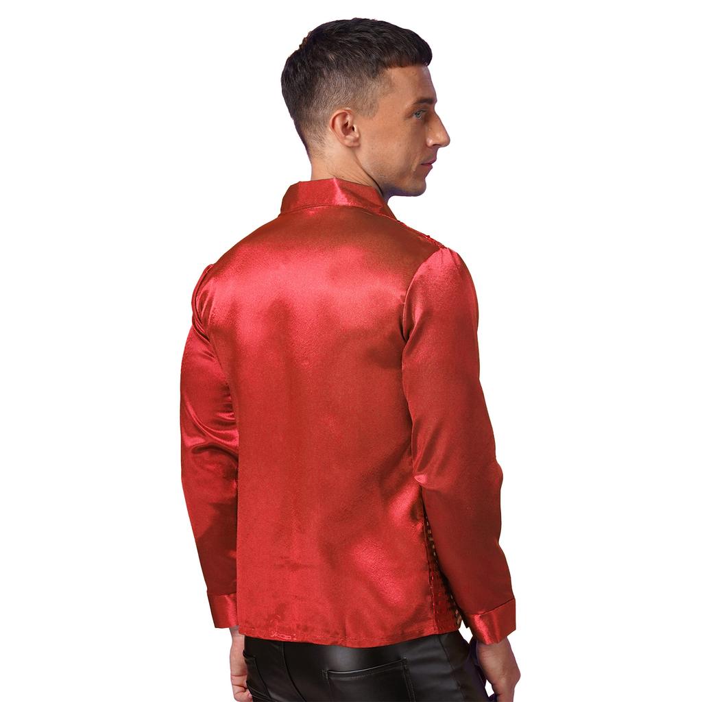 Mens Shiny Sequin Dance Shirt Latin Jazz Performance Wear Turn Down Collar Long Sleeve Patchwork Top