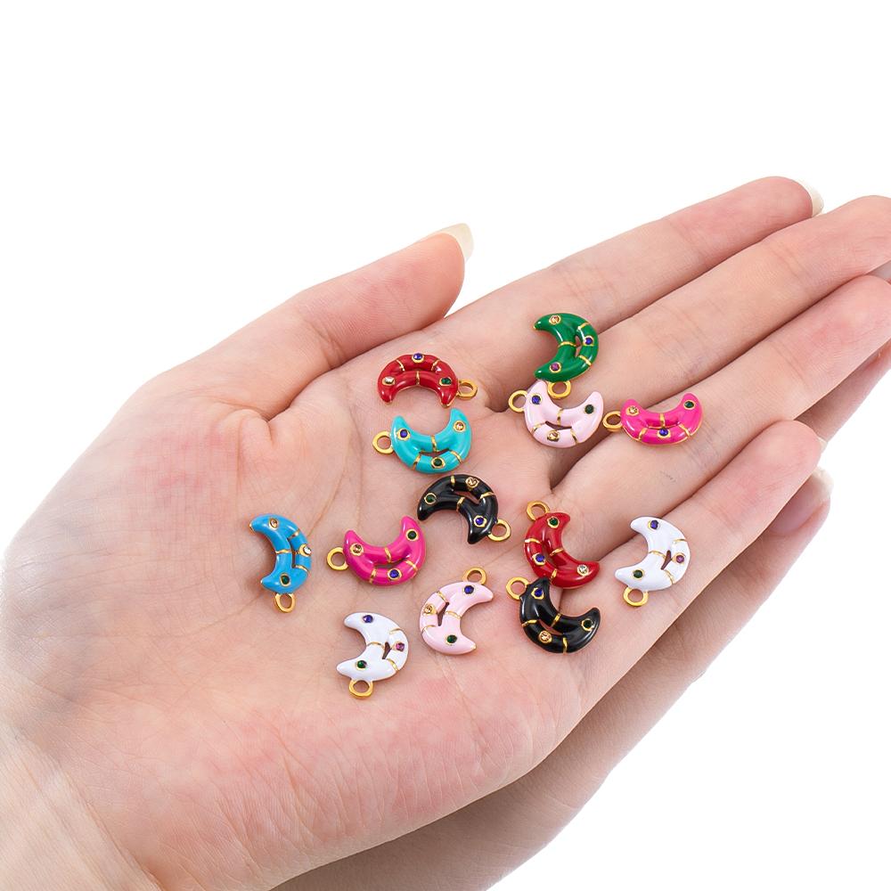 5pcs 2pcs Color Enamel Heart Moon Charm Stainless Steel Crystal Beads Earrings Pendant DIY Jewelry Making Necklace Accessories