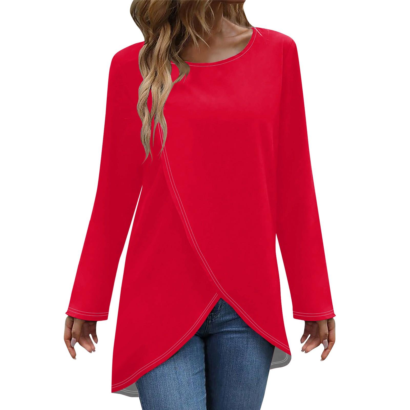 

Women s Fashion Casual Color Long Sleeve Round Neck Cross Hem T-Shirt Top S